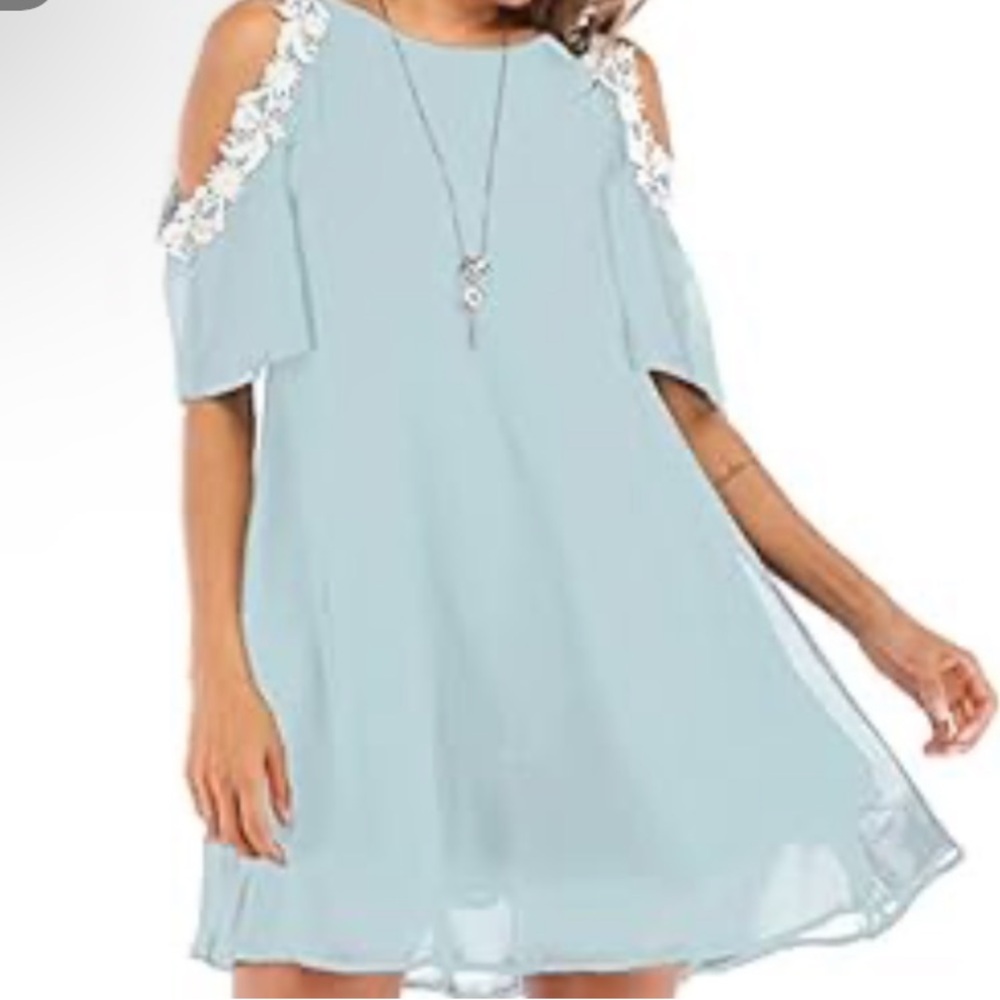 Chiffon cold shoulder baby blue dress with lace accents